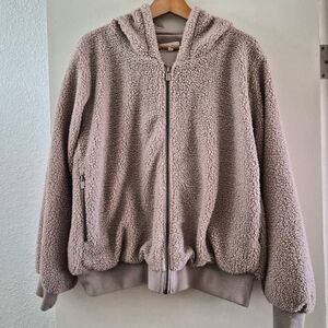 Splendid Fuzzy Thick Fleece Neutral Tan Beige Cropped Hoodie Jacket w/ Lining
